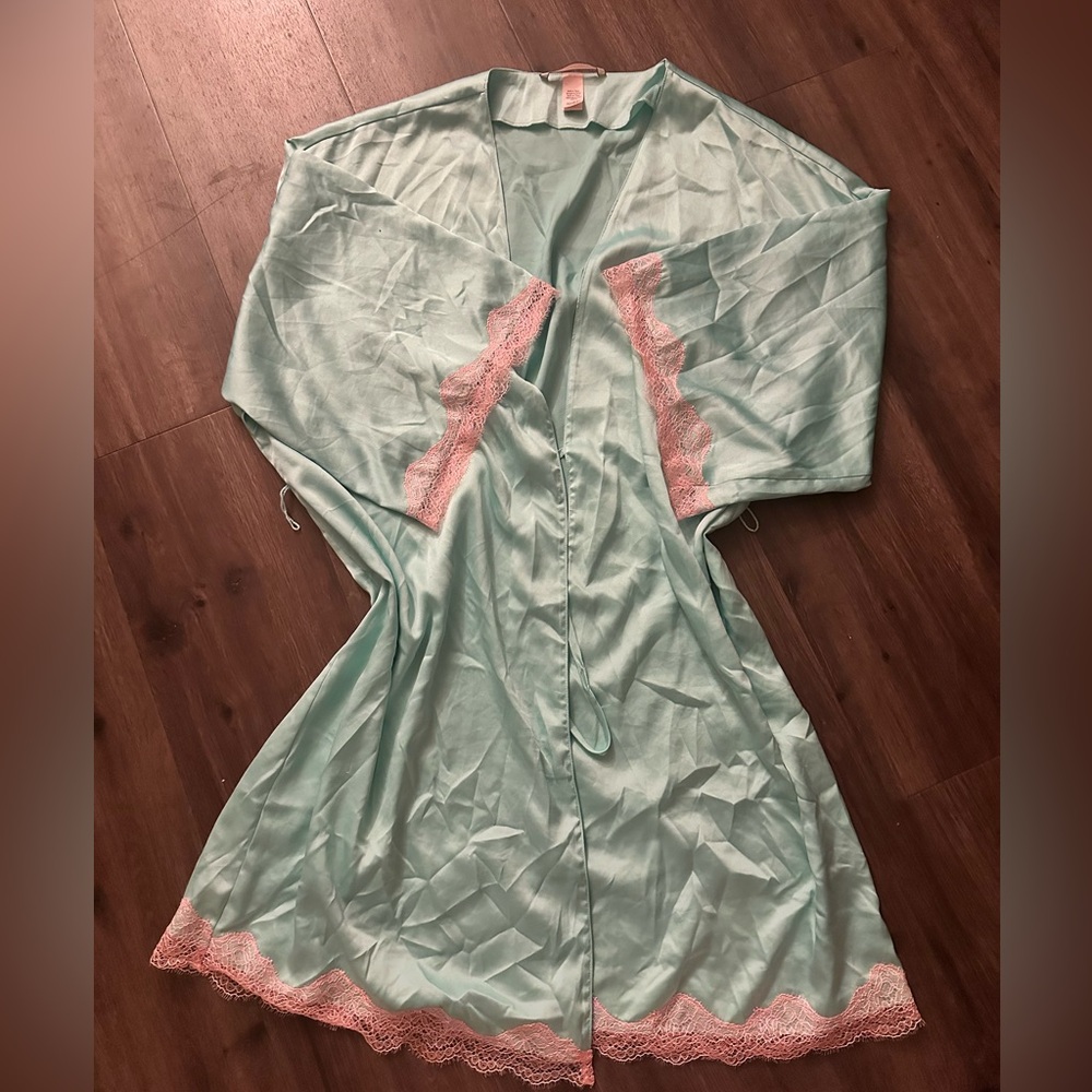 Victoria's Secret Mint Satin Robe with Pink Lace